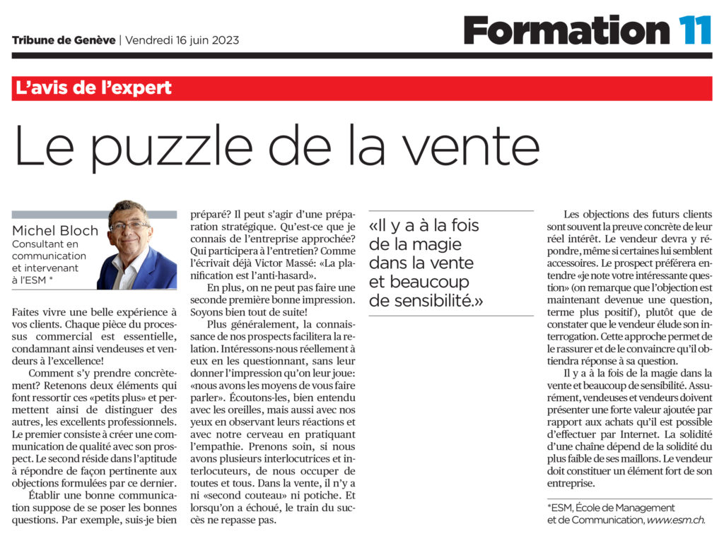 ESM - TdG - Avis Expert - Le puzzle de la vente - Michel Bloch